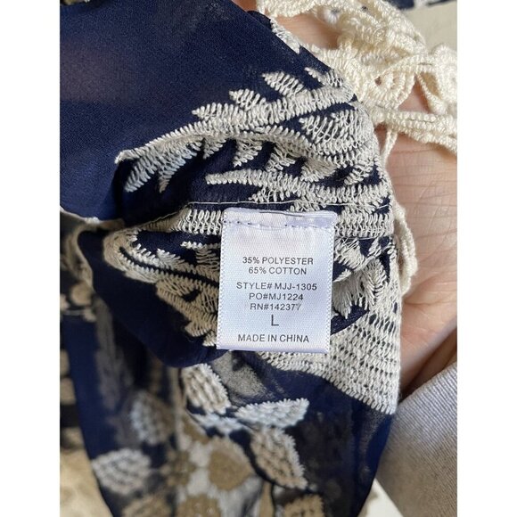 Ya Ya Club Navy Blue Cream Embroidered Floral Kimono Wrap Fringe Semi Sheer Size - Picture 7 of 8